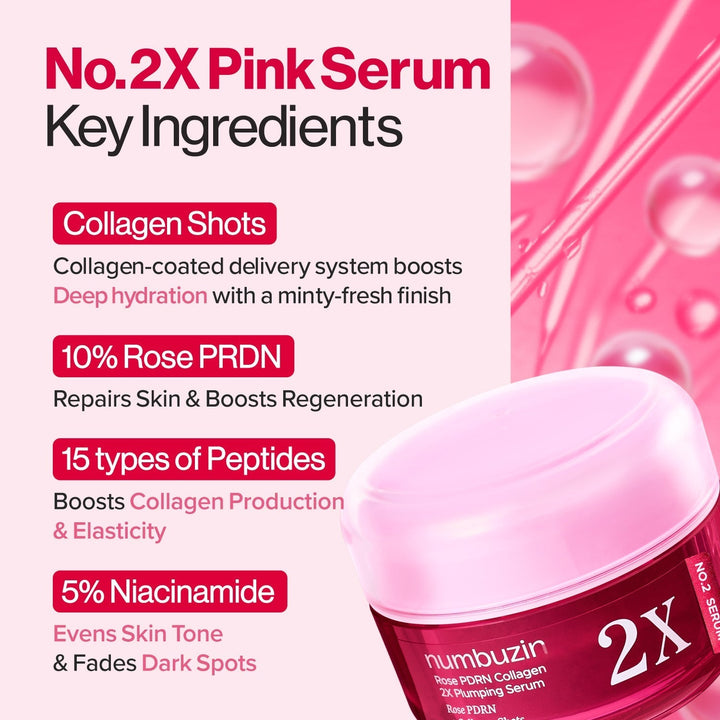 Numbuzin No.2 Rose PDRN Collagen 2X Plumping Serum + Collagen Shot 30ml Glam Secret