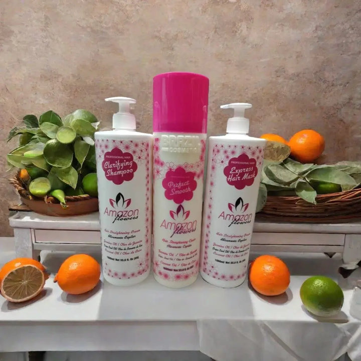 DOKAN Amazon Flowers Perfect Smooth Brazilian Organic Hair Kit ( Protein, Clarifying shampoo, Express hair mask) 3 X 1000 ML AMAZON FLOWERS