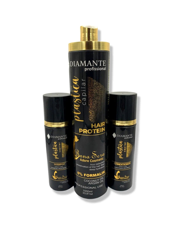 Diamante Profissional Plastica Capilar Brazilian Hair Protein 1000 ML with Moroccan Argan Oil Shampoo & conditioner Treatment 300 ML - DOKAN