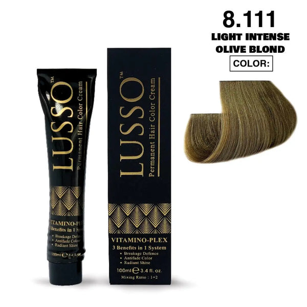 Lusso Permanent Hair Color Cream 100 ML #8.111 Light Intense Olive Blond - DOKAN