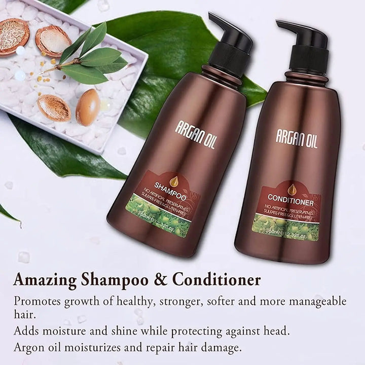 NUSPA Natural Organic Sulphate Free Moroccan Argan Oil Shampoo and Conditioner Set - Color Safe Treatment, UV Protection, Intense Moisturizing For Dry, Damaged, Frizzy, Volumizing for Thin Hair - DOKAN
