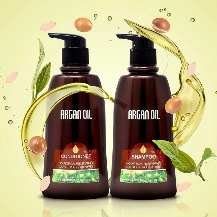 NUSPA Natural Organic Sulphate Free Moroccan Argan Oil Shampoo and Conditioner Set - Color Safe Treatment, UV Protection, Intense Moisturizing For Dry, Damaged, Frizzy, Volumizing for Thin Hair - DOKAN
