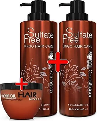 Nuspa Moroccan Argan Oil Sulfate Free Shampoo, Conditioner and Hair Mask Set for Damaged, Dry, Frizzy Hair - Color Safe for Thin, Keratin Treated Hair with Long Lasting Shine - DOKAN
