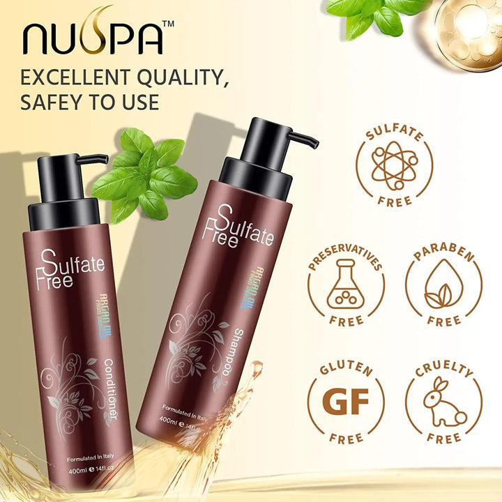 Nuspa Natural Organic Sulfate Free Moroccan Argan Oil Shampoo and Conditioner Set - Color Safe Treatment, UV Protection, Intense Moisturizing For Dry, Damaged, Frizzy, Volumizing for Thin Hair 400 ml - DOKAN