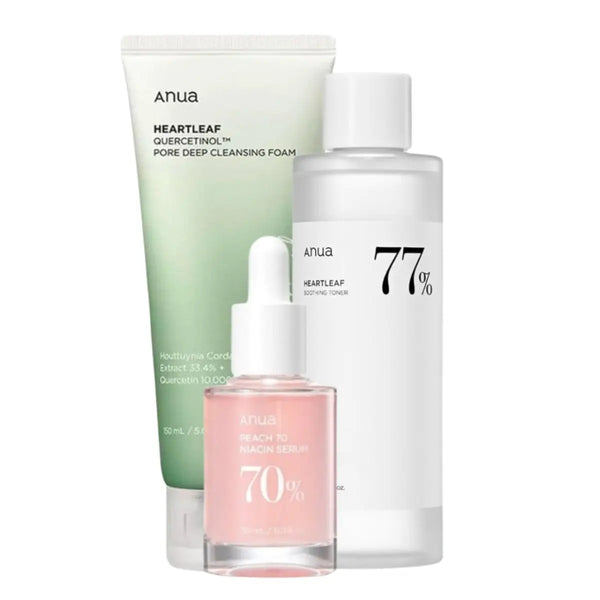 DOKAN ANUA Quercetinol Pore Deep Cleansing Foam, Heartleaf 77% Soothing Toner & 70% Niacinamide SerumSet Anua