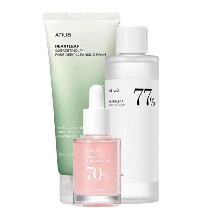 DOKAN ANUA Quercetinol Pore Deep Cleansing Foam, Heartleaf 77% Soothing Toner & 70% Niacinamide SerumSet Anua