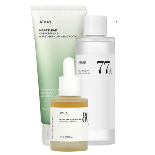 DOKAN ANUA Quercetinol Pore Deep Cleansing Foam, Heartleaf 77% Soothing Toner & 80% Soothing Ampoule Set Anua