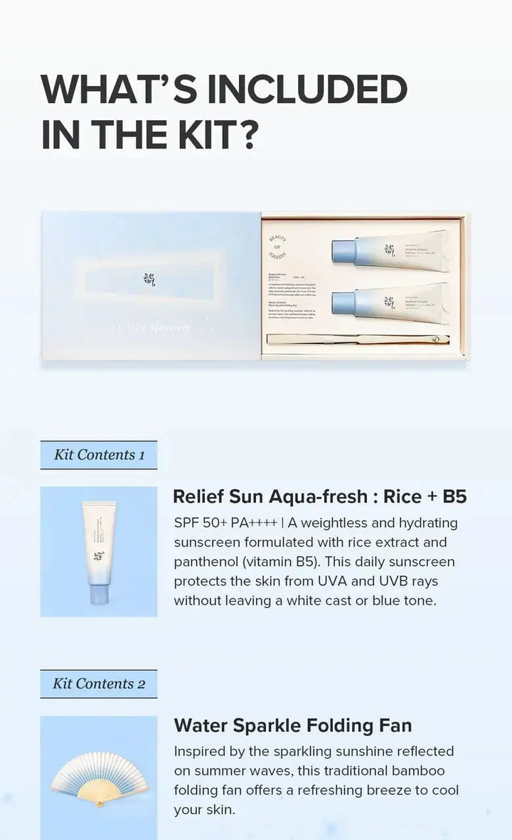 Beauty of Joseon Relief Sun Aqua-fresh Rice+B5 (SPF50+ PA++++) Special Edition Set (50ml+50ml+fan) Beauty of Joseon JOLIE'S