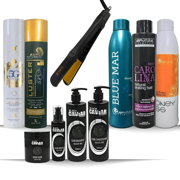 Brazilian Hair Treatment Protein 1000 ML + BLACK CAVIAR THERAPY Sulfate Free Hair Care Kit 4 Pcs + XCARE Professional Korean Ceramic Hair Iron JOLIE'S JOLIE'S